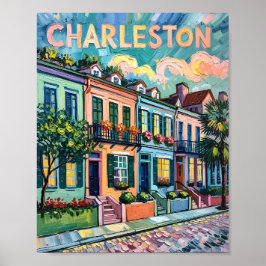 Póster Charleston Rainbow Row Van Gogh Style Oil Painting