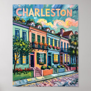 Póster Charleston Rainbow Row Van Gogh Style Oil Painting