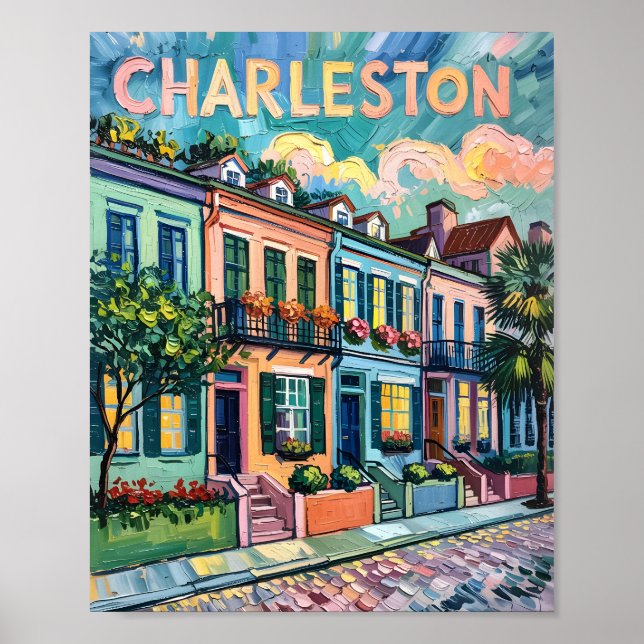 Póster Charleston Rainbow Row Van Gogh Style Oil Painting (Frente)