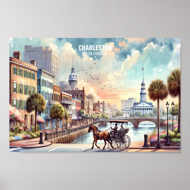 Póster Charleston South Carolina Travel Places acuarela (Frente)