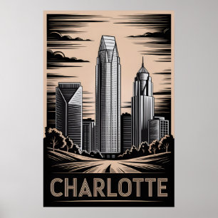 Póster Charlotte Carolina del Norte Negro Blanco Grabado 