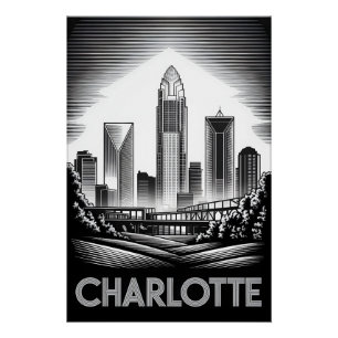Póster Charlotte Carolina del Norte Negro Blanco Grabado