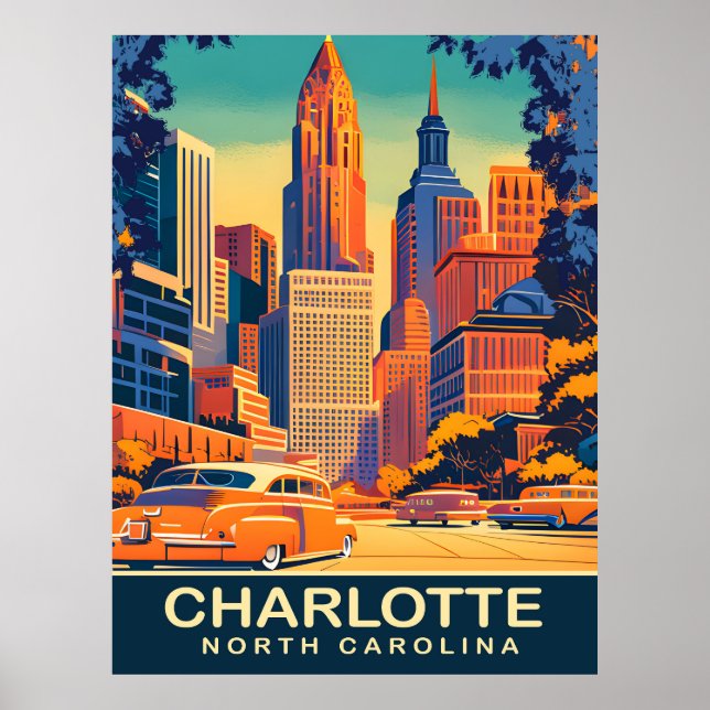 Póster Charlotte, City Center, Carolina del Norte, Viajes (Frente)
