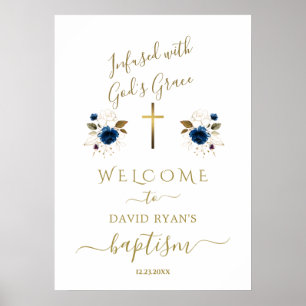 Póster Charm Blue Flowes Signo de bienvenida del bautismo