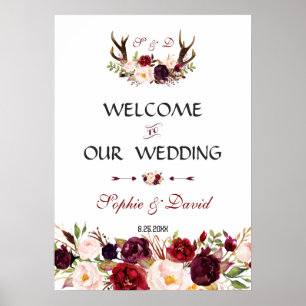 Póster Charm Burgundy Floral Antlers Bienvenidos Rótulo B