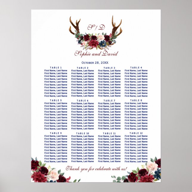Póster Charm Merlot Navy Floral Antlers Cuadro de asiento (Frente)