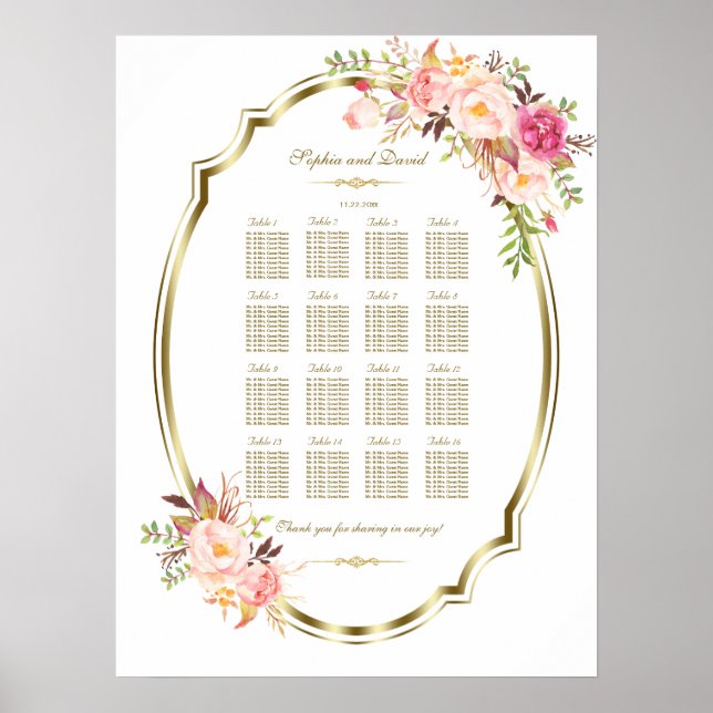 Póster Charm Pink Rubor Floral Gold Frame Chart (Frente)