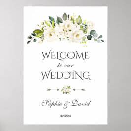 Póster Charm White Cream Floral Welcome Boda Rótulo