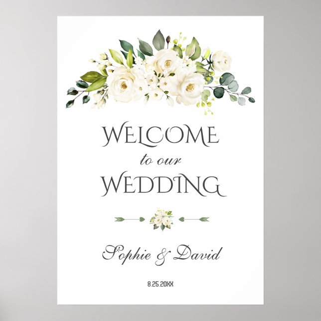 Póster Charm White Cream Floral Welcome Boda Rótulo (Frente)