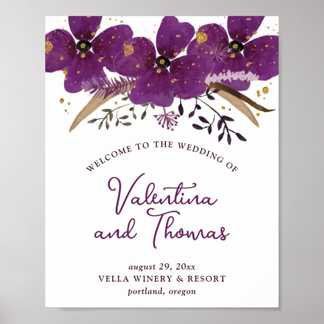 Póster Charming Violet Watercolor Flowers Wedding Poster (Frente)