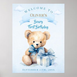 Póster Charming Watercolor Teddy Bear Beary First Birthda