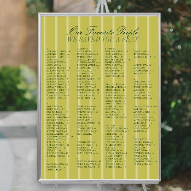Póster Chartreuse Alphabetical Wedding Seating Chart (Chartreuse Alphabetical Wedding Seating Chart)