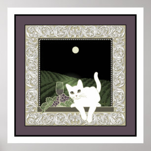 Póster Chat Blanc, Vin et la Lune
