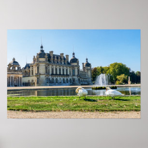 Póster Chateau de Chantilly, fuente y dos cisnes