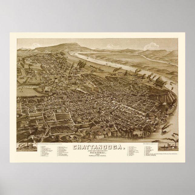 Póster Chattanooga, TN Panoramic Map - 1886 (Frente)