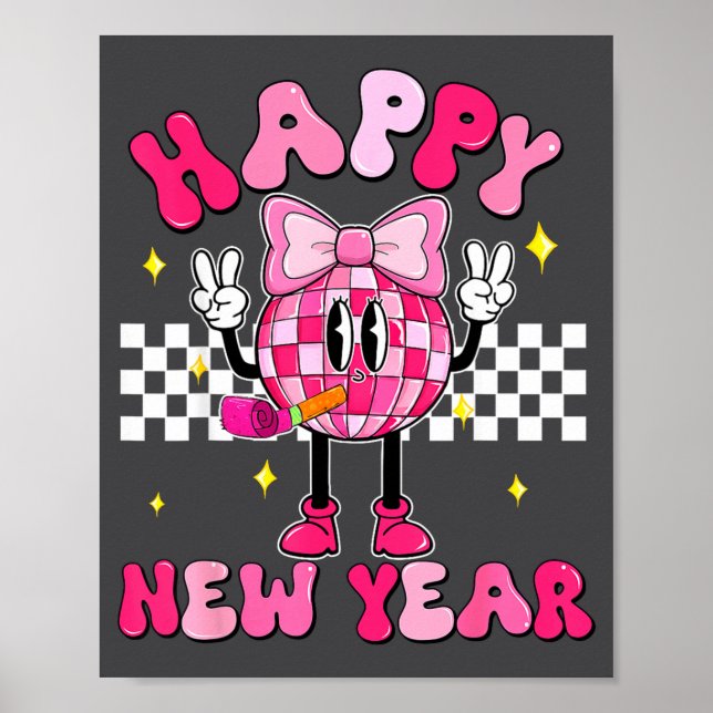 Póster Checkered Happy New Year 2026 Disco Ball New Year  (Frente)