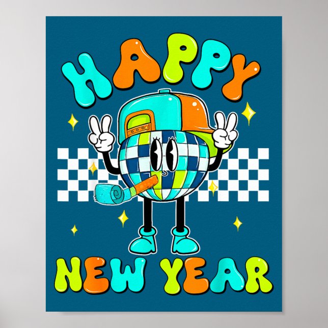 Póster Checkered Happy New Year 2026 Disco Ball New Year  (Frente)