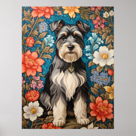 Póster Cheerful Schnauzer William Morris Inspired Floral