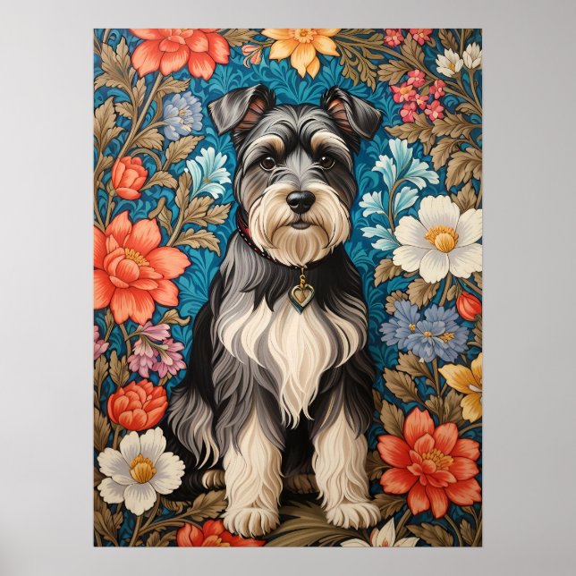Póster Cheerful Schnauzer William Morris Inspired Floral (Frente)
