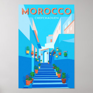 Póster Chefchaouen Marruecos Ilustracion de Viajes Vintag