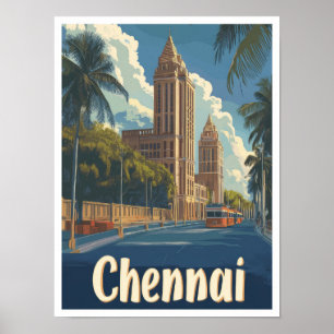 Póster Chennai India Art Vintage Travel Ilustracion