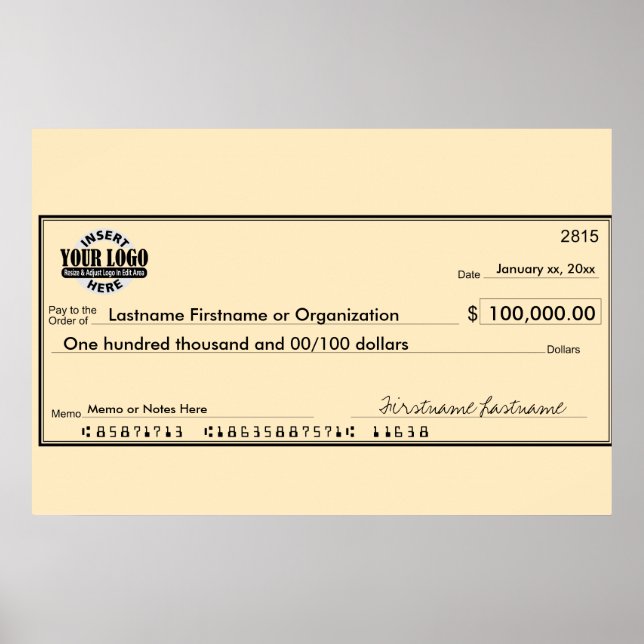 Póster Cheque gigante en blanco para sorteos y premios (Frente)