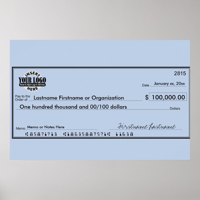 Póster Cheque gigante en blanco para sorteos y premios (Frente)