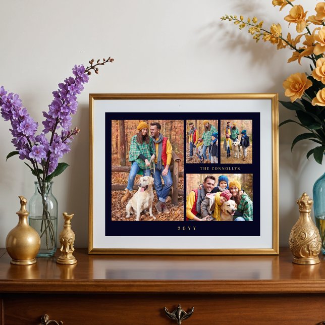 Póster Cherished Navy Blue & Gold Simple Classic 4 Photos (Minimalist Cherished Navy Blue & Fake Gold Simple Classic 4 Multi Photos Collage Family Poster. )