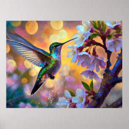 Póster Cherry Blossom Fantasy Sunrise Hummingbird
