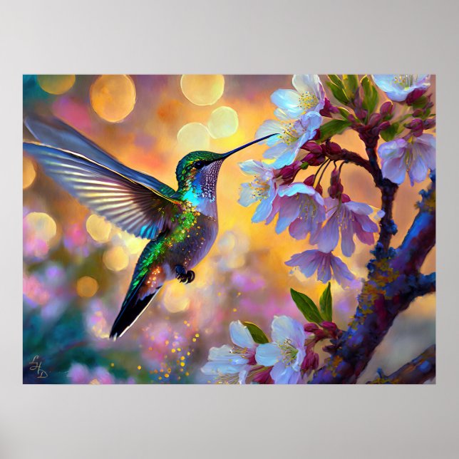 Póster Cherry Blossom Fantasy Sunrise Hummingbird (Frente)