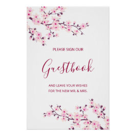 Póster Cherry Blossom Pink White Wedding Guestbook 