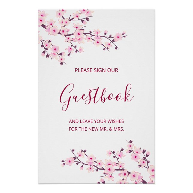 Póster Cherry Blossom Pink White Wedding Guestbook  (Anverso)