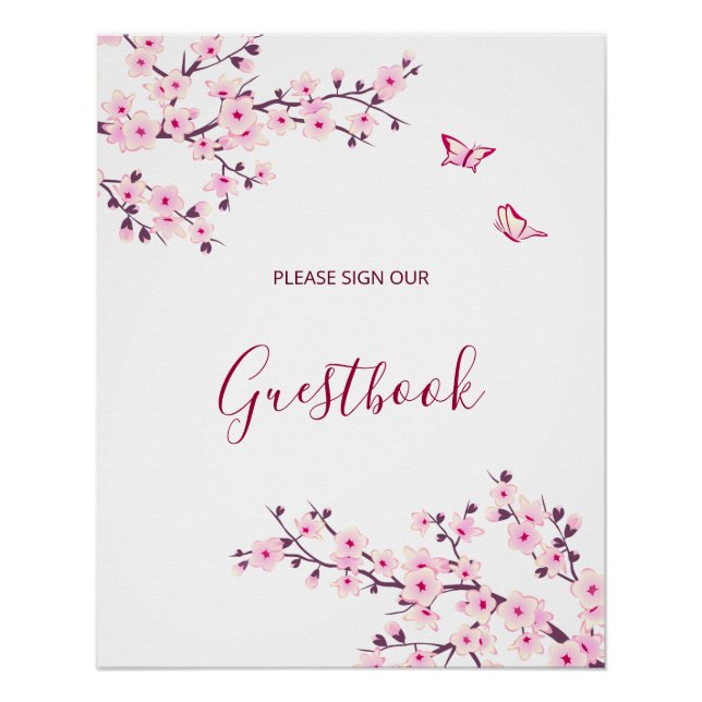 Póster Cherry Blossom Pink White Wedding Guestbook   (Anverso)