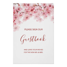 Póster Cherry Blossom Pink White Wedding Guestbook 