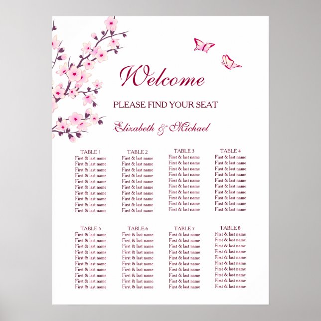 Póster Cherry Blossom Pink White Wedding Seating Chart (Frente)