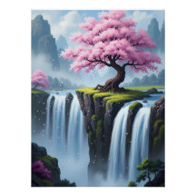 Cherry Blossom Tree Above Waterfalls