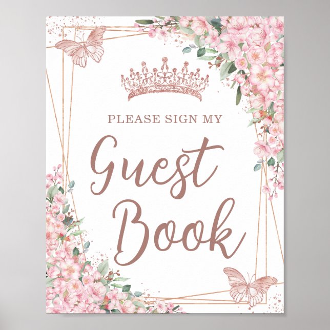 Póster Cherry Blossoms Rosa Gold Quinceañera Guest Book (Frente)