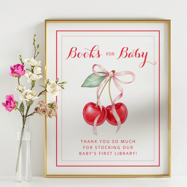 Póster Cherry Books para el Rótulo Baby Shower (Books for Baby Baby Shower Sign)