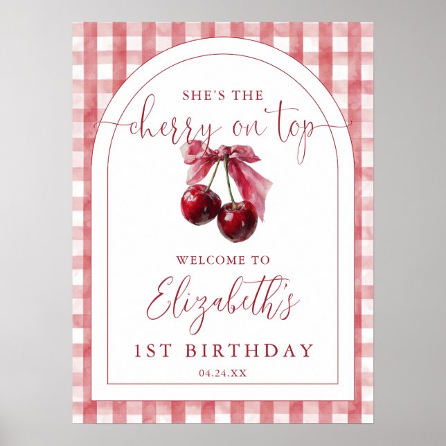 Póster Cherry On Top Bow Birthday Welcome Sign (Frente)