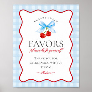 Póster Cherry Sweet Blue Coquette Bow Gingham Favorece el