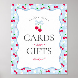 Póster Cherry Sweet Blue Coquette Gingham Tarjetas y Rega