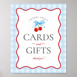 Póster Cherry Sweet Blue Coquette Gingham Tarjetas y Rega