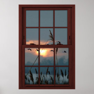 Póster Cherry Wood Faux Window Illusion - Flock of Birds