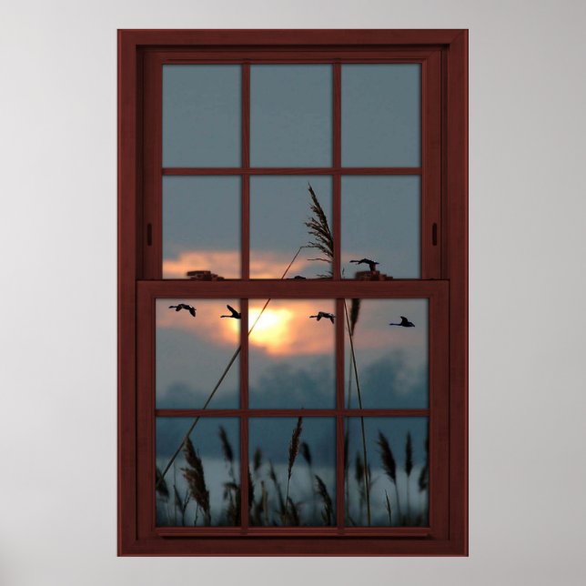 Póster Cherry Wood Faux Window Illusion - Flock of Birds (Frente)