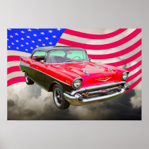 Póster Chevrolet Bel Air Y Bandera Estadounidense De 1957