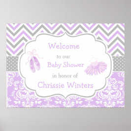 Póster Chevron Ballerina Baby Shower morado y gris