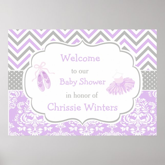 Póster Chevron Ballerina Baby Shower morado y gris (Frente)