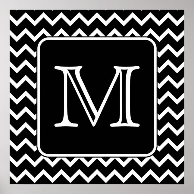 Póster Chevron blanco y negro con monograma Personalizado (Frente)