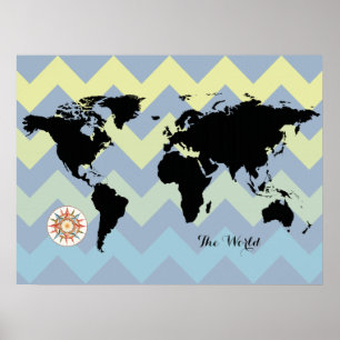 Póster chevron marino de mapa del mundo