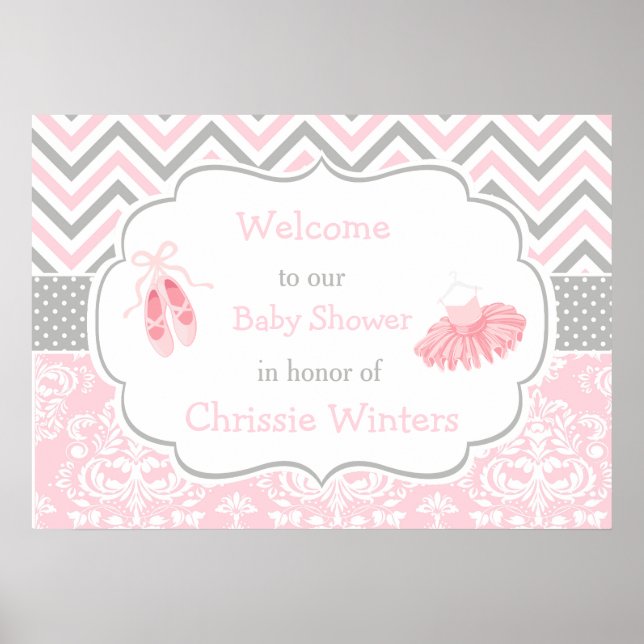 Póster Chevron rosa y gris Ballerina Baby Shower (Frente)